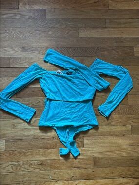 NWT Naked Wardrobe Turquoise Off-Shoulder Long Sleeve Bodysuit